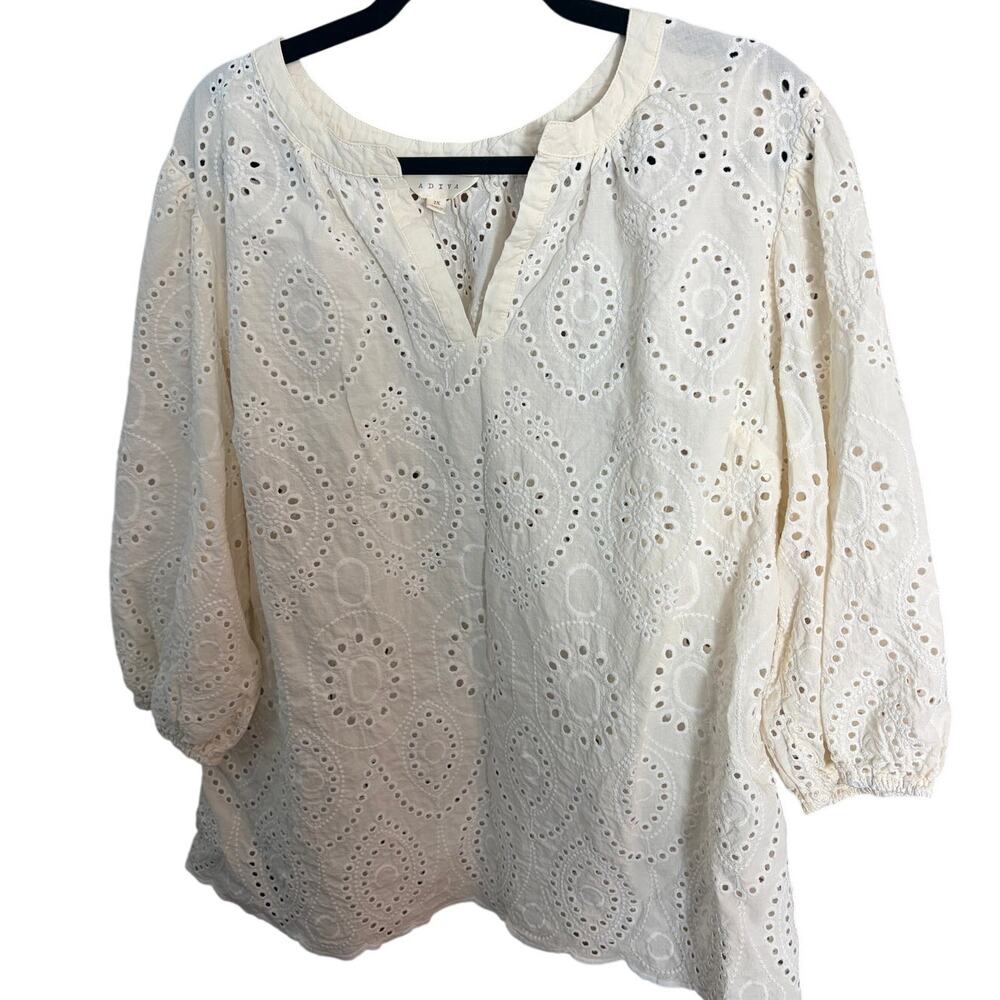 Adiva 2X White Eyelet Embroidered Tunic Blouse Plus Size Boho Cotton Peasant Top